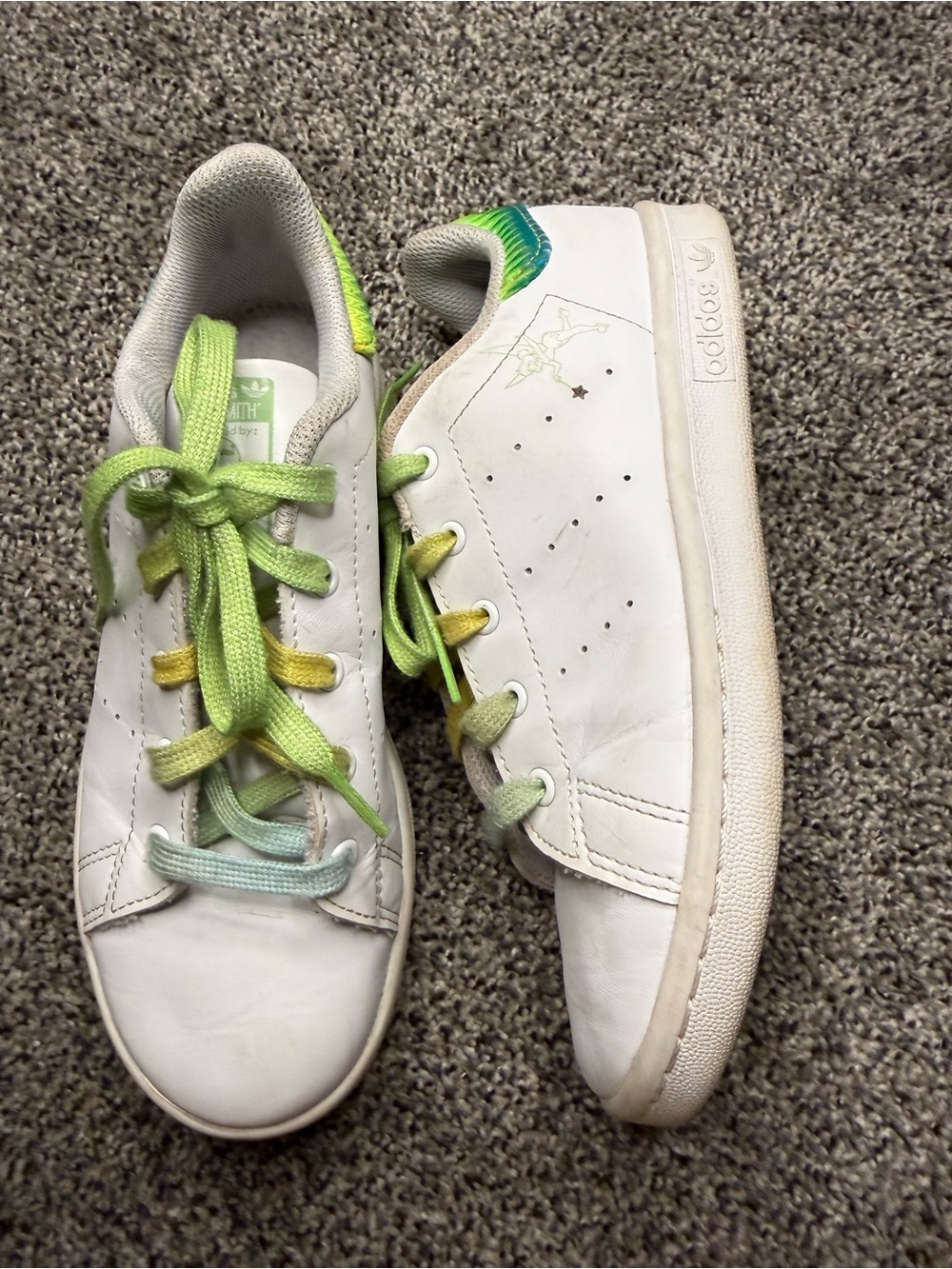 adidas Kids White Leather Sneakers with Lime & Aqua Accents